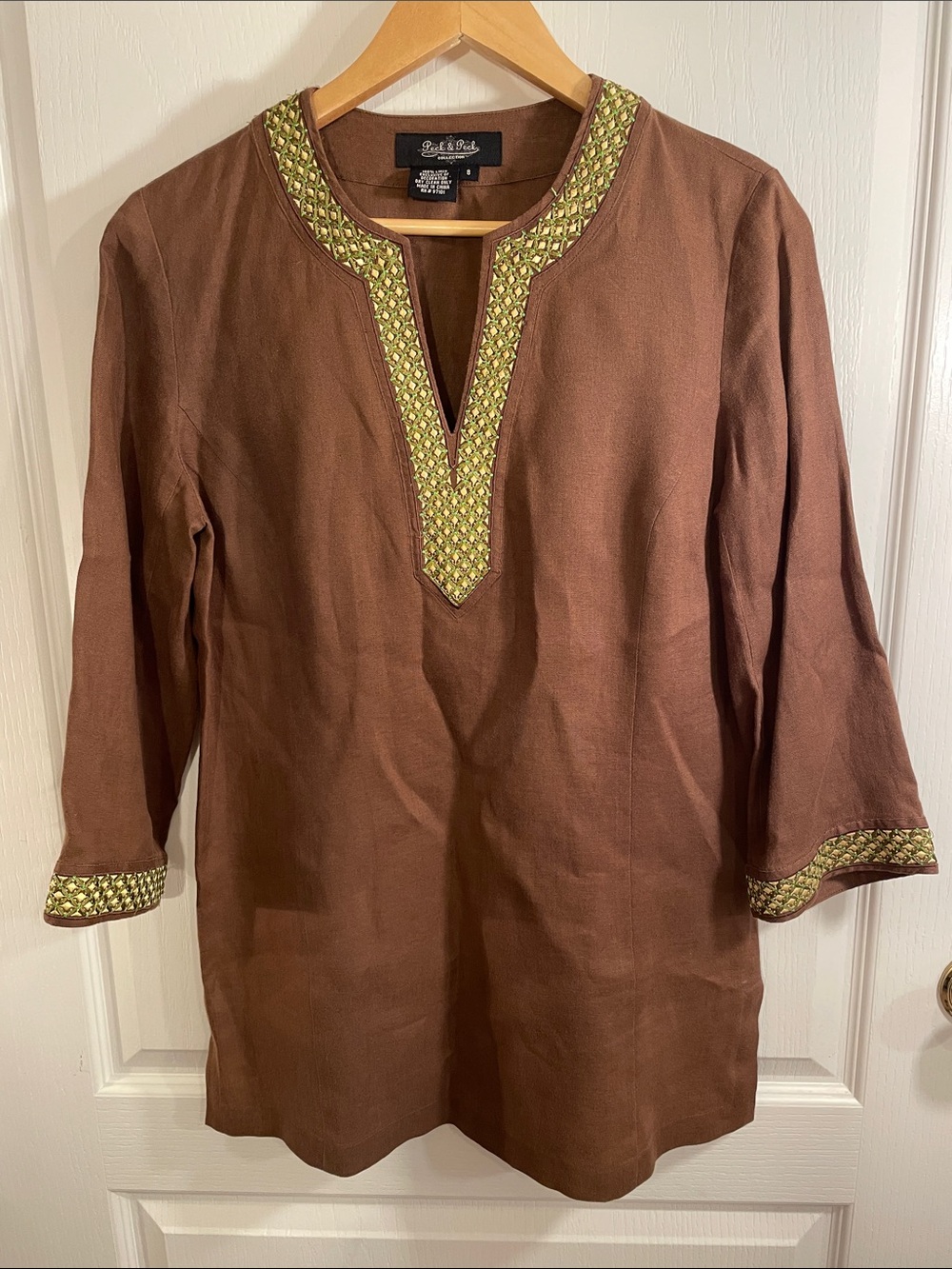 Peck & Peck 100% Linen Women's Embroidered Tunic Shirt - Brown with Green Trim